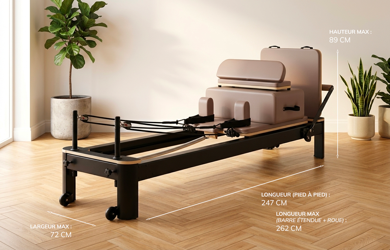Schéma dimensions Reformer Square Pilates — hauteur, longueur et largeur